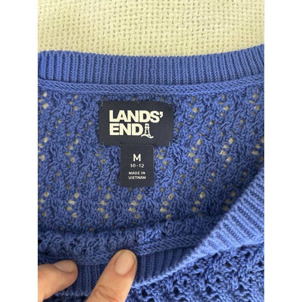 Lands End Women's Cotton Cable Puff Sleeve Crew Neck Sweater Short Sleeve Sz M - Picture 4 of 7